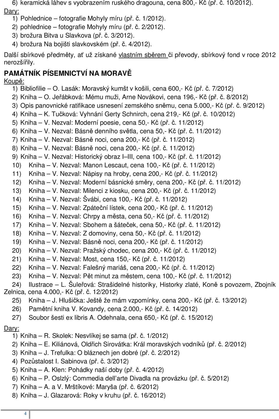 Další sbírkové předměty, ať už získané vlastním sběrem či převody, sbírkový fond v roce 2012 nerozšířily. PAMÁTNÍK PÍSEMNICTVÍ NA MORAVĚ Koupě: 1) Bibliofilie O.
