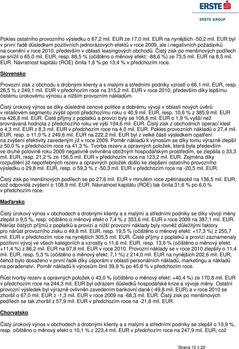 Čistý zisk po menšinových podílech se snížil o 65,0 mil. EUR, resp. 88,5 % (očištěno o měnový efekt: -88,6 %) ze 73,5 mil. EUR na 8,5 mil. EUR. Návratnost kapitálu (ROE) činila 1,6 % po 13,4 % v předchozím roce.