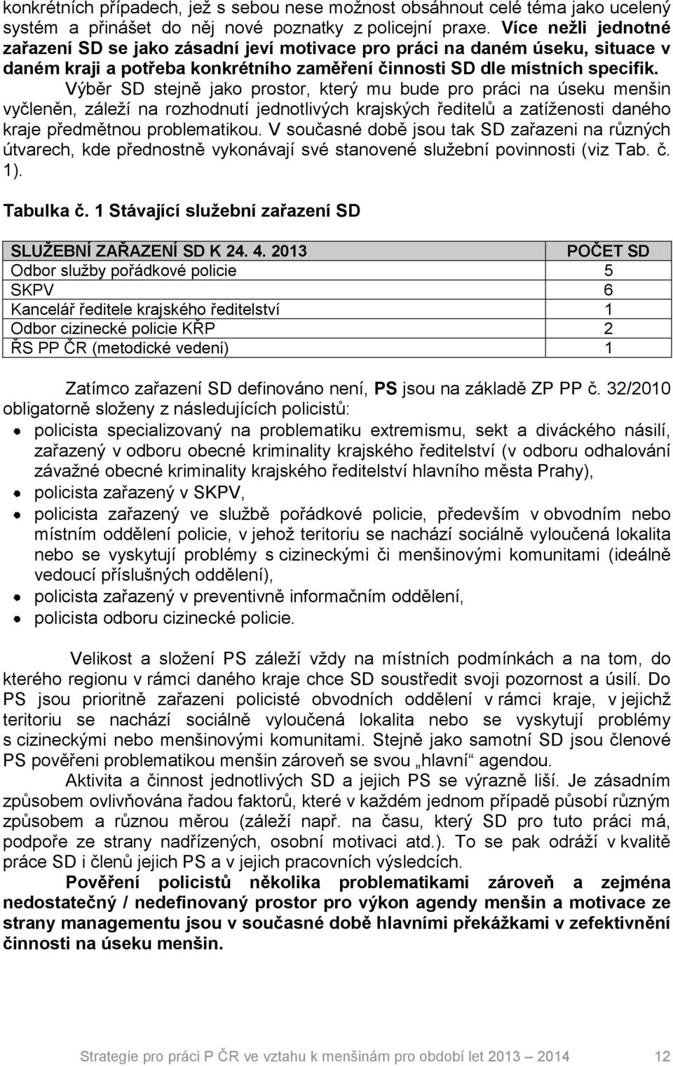 Výběr SD stejně jako prostor, který mu bude pro práci na úseku menšin vyčleněn, záleží na rozhodnutí jednotlivých krajských ředitelů a zatíženosti daného kraje předmětnou problematikou.