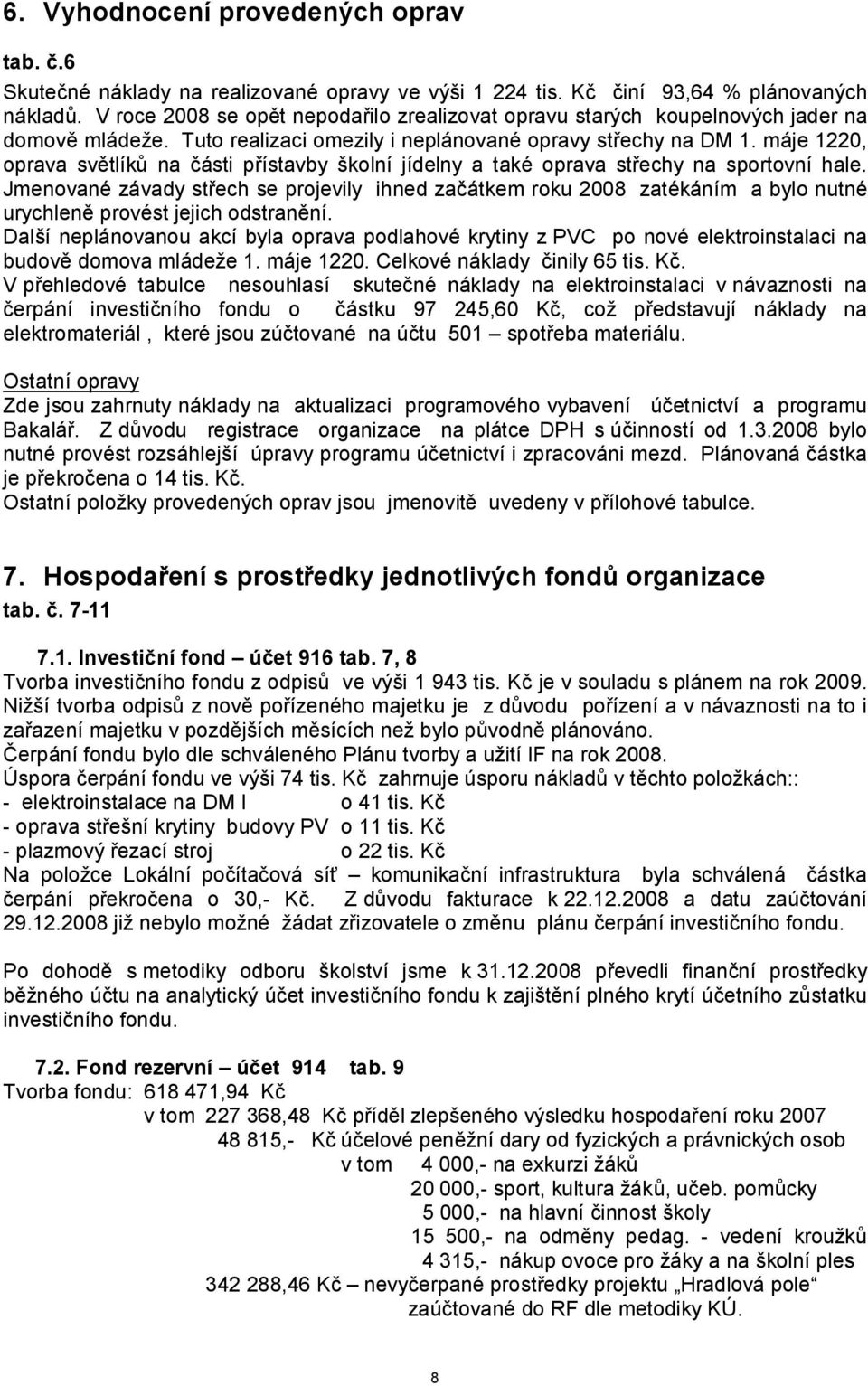 máje 1220, oprava světlíků na části přístavby školní jídelny a také oprava střechy na sportovní hale.