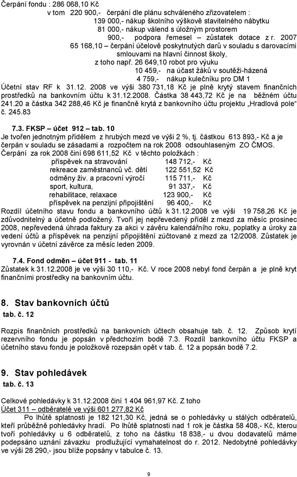 26 649,10 robot pro výuku 10 459,- na účast žáků v soutěži-házená 4 759,- nákup kulečníku pro DM 1 Účetní stav RF k 31.12.