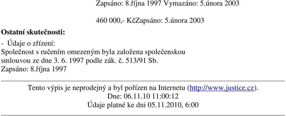 společenskou smlouvou ze dne 3. 6. 1997 podle zák. č. 513/91 Sb. Zapsáno: 8.