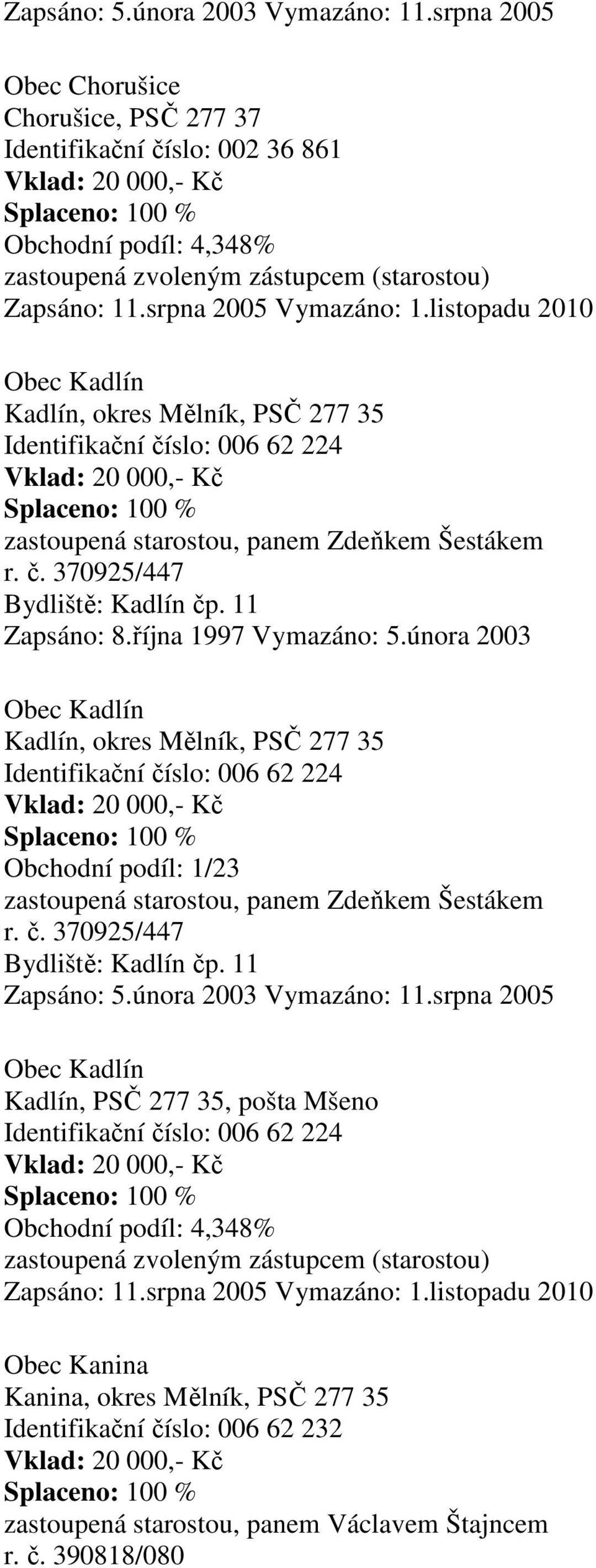 11 Obec Kadlín Kadlín, okres Mělník, PSČ 277 35 Identifikační číslo: 006 62 224  11 Obec Kadlín Kadlín, PSČ 277 35, pošta Mšeno Identifikační číslo: 006