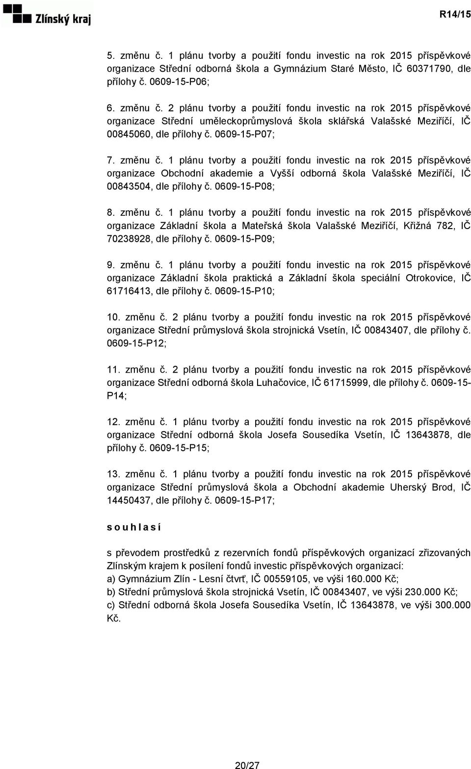 0609-15-P08; 8. změnu č. 1 plánu tvorby a použití fondu investic na rok 2015 příspěvkové organizace Základní škola a Mateřská škola Valašské Meziříčí, Křižná 782, IČ 70238928, dle přílohy č.