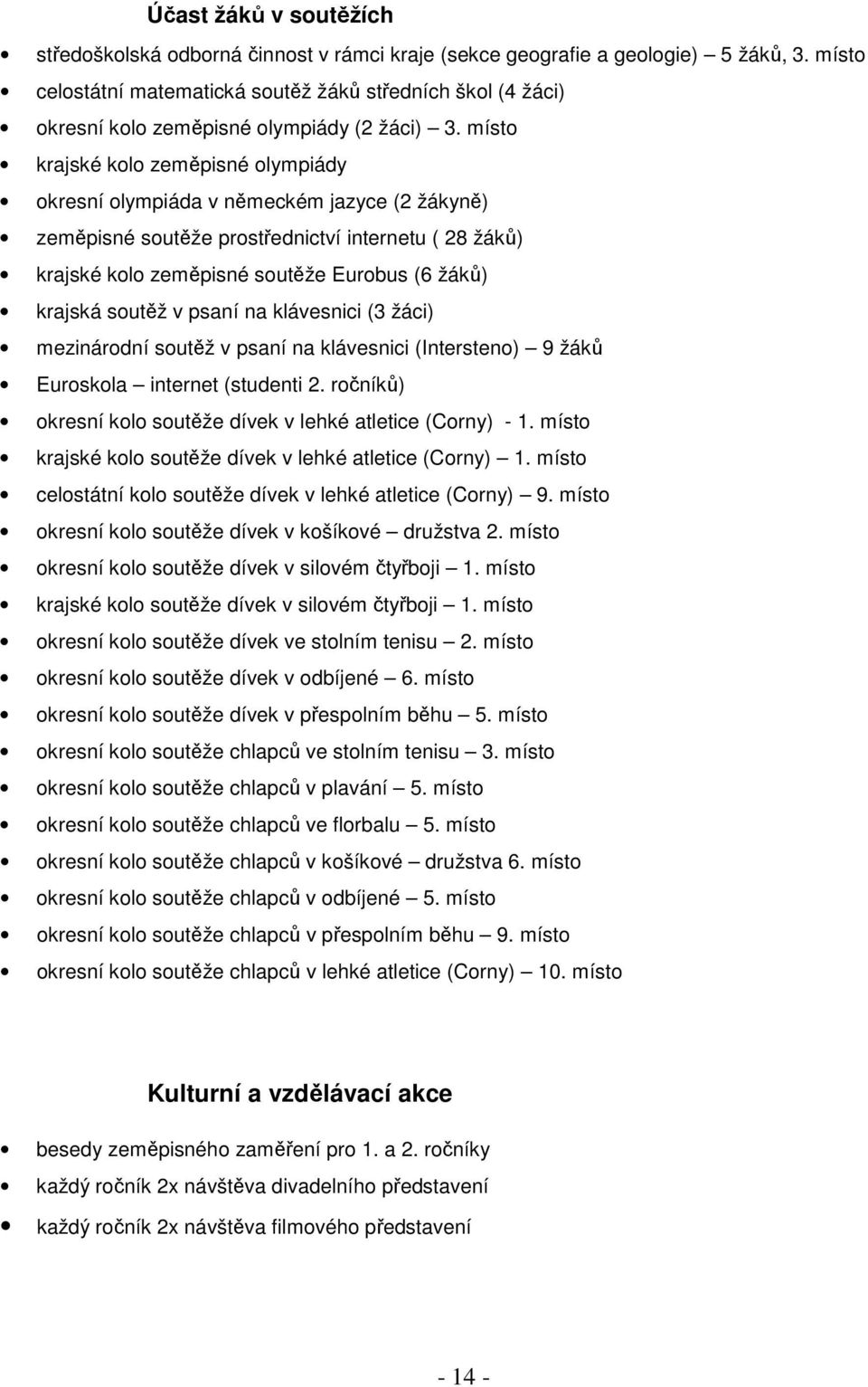 místo krajské kolo zeměpisné olympiády okresní olympiáda v německém jazyce (2 žákyně) zeměpisné soutěže prostřednictví internetu ( 28 žáků) krajské kolo zeměpisné soutěže Eurobus (6 žáků) krajská