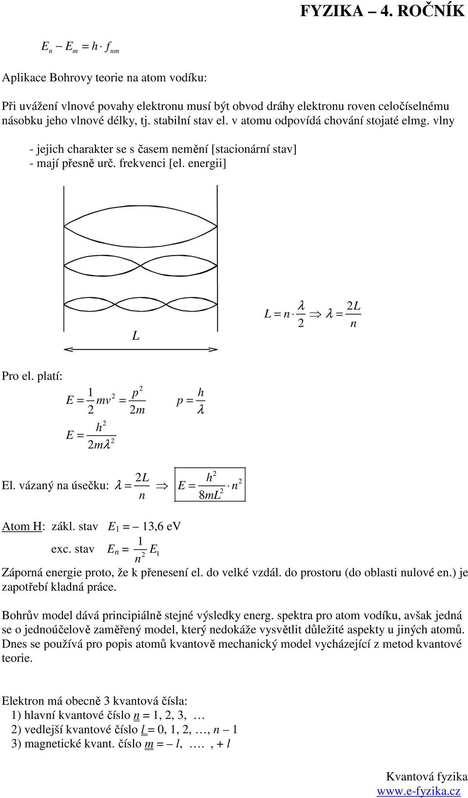 platí: 1 p h E = mv = p = m λ h E = mλ El. vázaný na úsečku: λ = L h E n n = 8mL Atom H: zákl. stav E 1 = 13,6 ev 1 exc. stav E n = E 1 n Záporná energie proto, že k přenesení el. do velké vzdál.