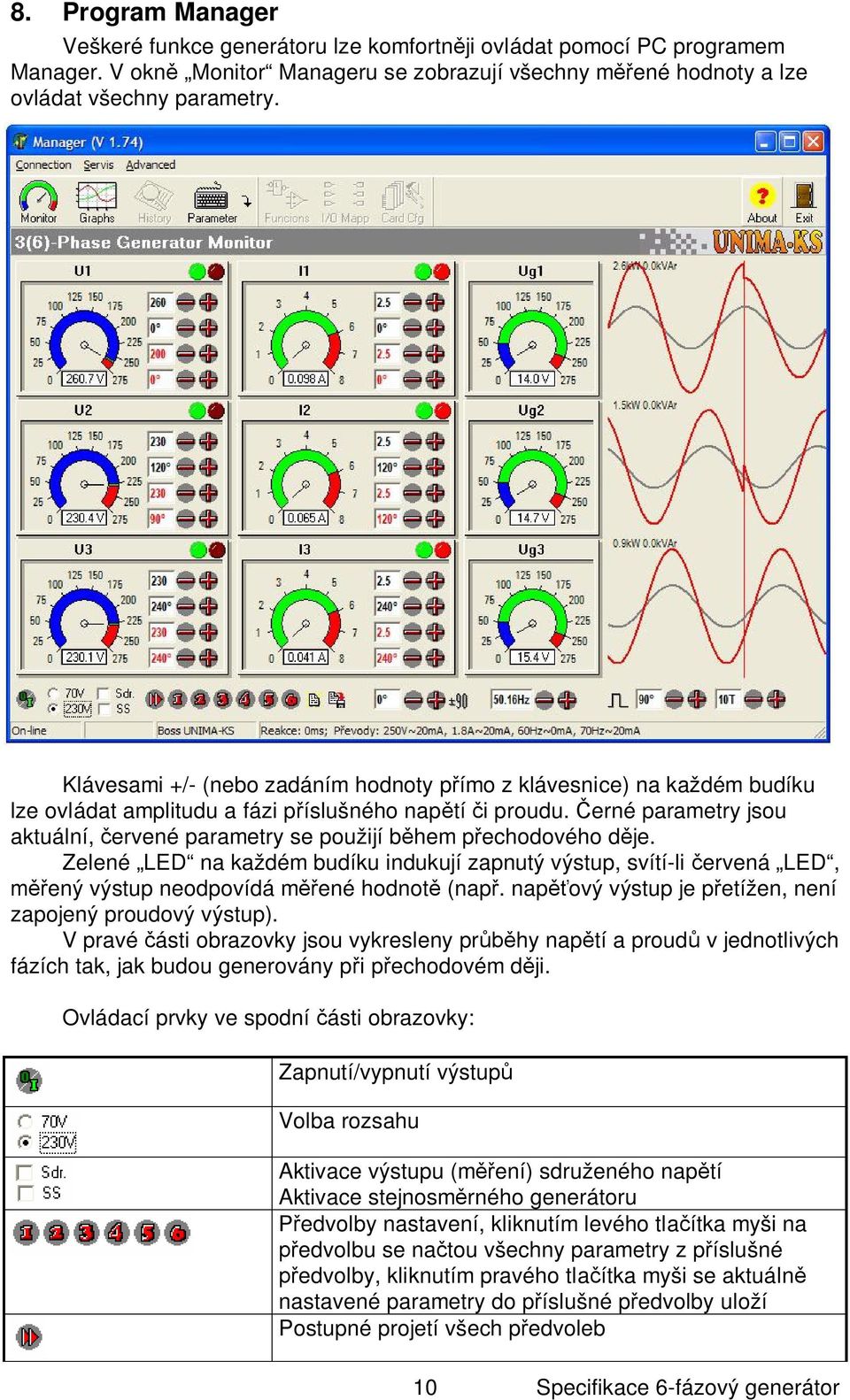 erné parametry jsou aktuální, ervené parametry se použijí b hem p echodového d je. Zelené LED na každém budíku indukují zapnutý výstup, svítí-li ervená LED, ený výstup neodpovídá m ené hodnot (nap.