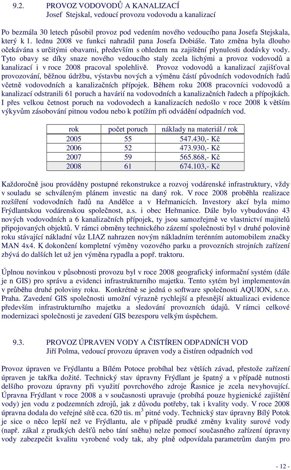 Tyto obavy se díky snaze nového vedoucího staly zcela lichými a provoz vodovodů a kanalizací i v roce 2008 pracoval spolehlivě.