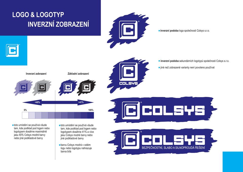 používat Inverzní zobrazení Základní zobrazení <40% >41% 0% 0% toto umístění se používá všude tam, kde podklad pod logem nebo logotypem dosáhne