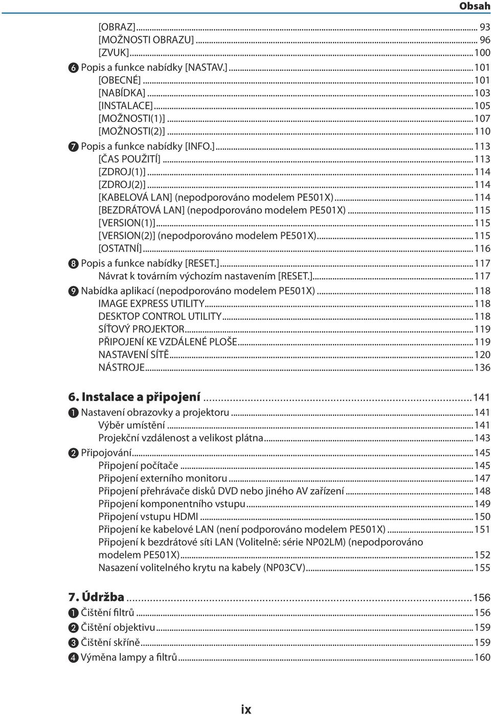 ..115 [VERSION(1)]...115 [VERSION(2)] (nepodporováno modelem PE501X)...115 [OSTATNÍ]...116 ❽ Popis a funkce nabídky [RESET.]...117 Návrat k továrním výchozím nastavením [RESET.]...117 ❾ Nabídka aplikací (nepodporováno modelem PE501X).