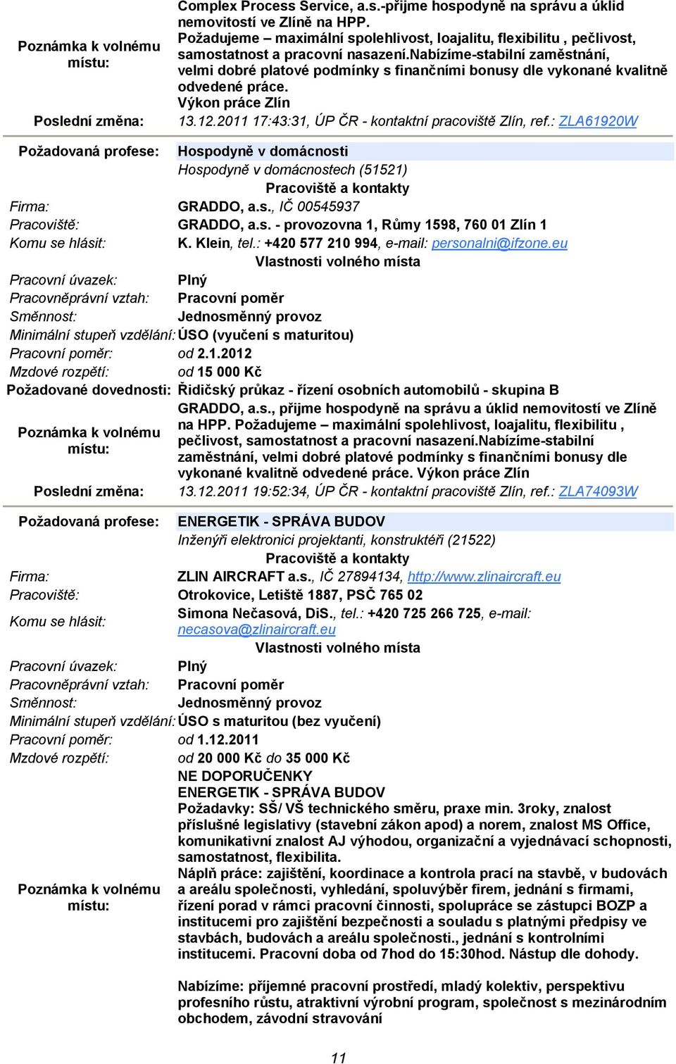 : ZLA61920W Požadovaná profese: Hospodyně v domácnosti Hospodyně v domácnostech (51521) GRADDO, a.s., IČ 00545937 GRADDO, a.s. - provozovna 1, Růmy 1598, 760 01 Zlín 1 K. Klein, tel.