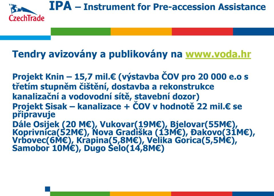 o s třetím stupněm čištění, dostavba a rekonstrukce kanalizační a vodovodní sítě, stavební dozor) Projekt Sisak kanalizace