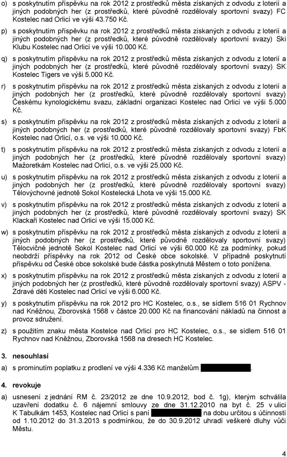 q) s poskytnutím příspěvku na rok 2012 z prostředků města získaných z odvodu z loterií a SK Kostelec Tigers ve výši 5.000 Kč.