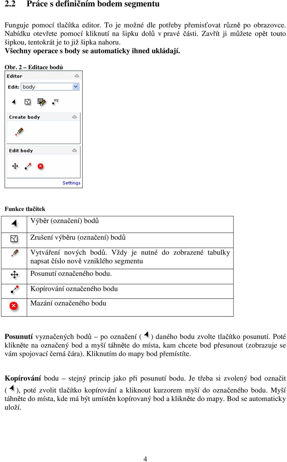 2 Editace bodů Funkce tlačítek Výběr (označení) bodů Zrušení výběru (označení) bodů Vytváření nových bodů.