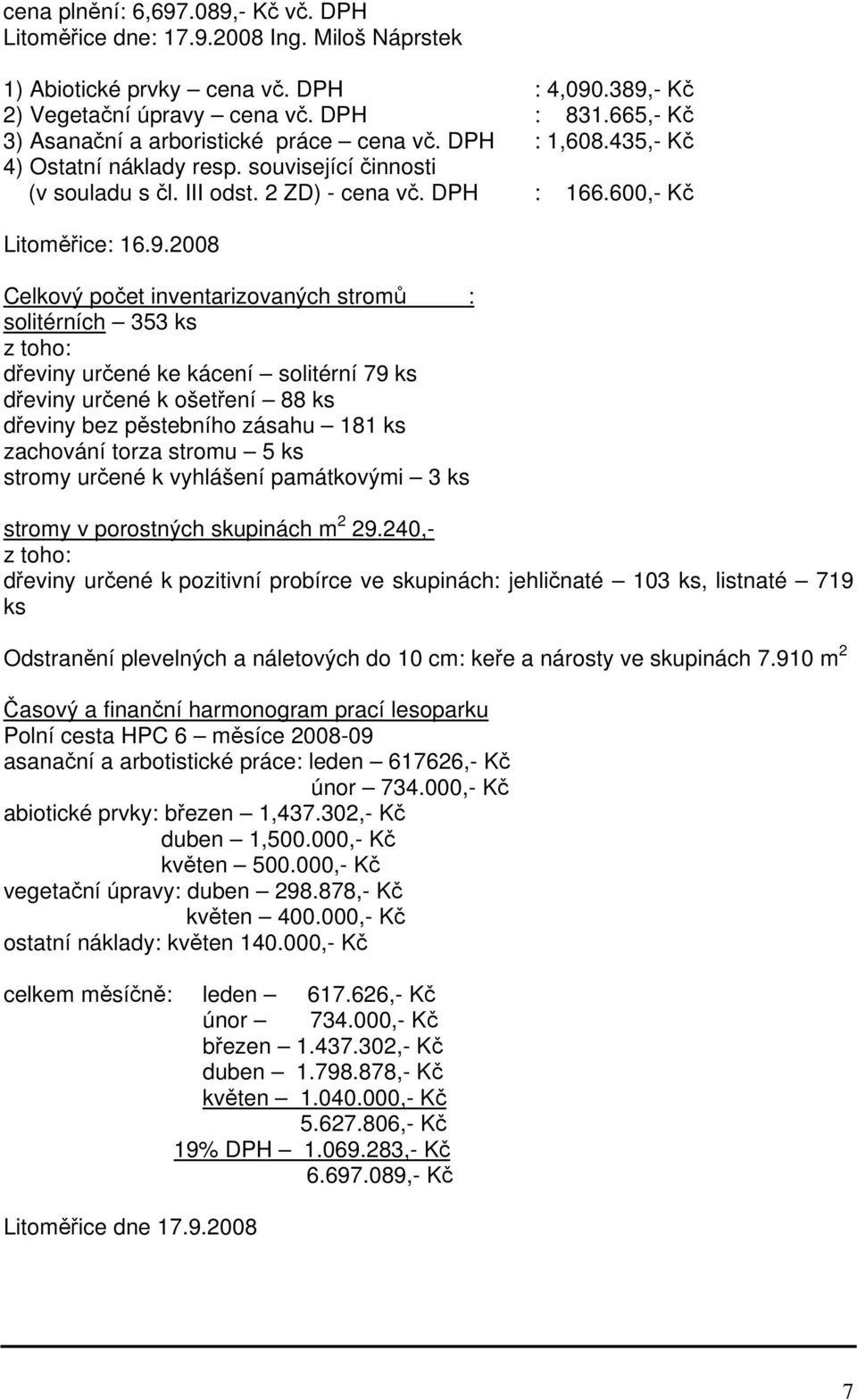 2008 Celkový počet inventarizovaných stromů : solitérních 353 ks z toho: dřeviny určené ke kácení solitérní 79 ks dřeviny určené k ošetření 88 ks dřeviny bez pěstebního zásahu 181 ks zachování torza