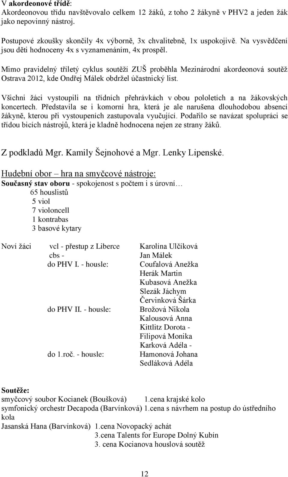 Mimo pravidelný tříletý cyklus soutěží ZUŠ proběhla Mezinárodní akordeonová soutěž Ostrava 2012, kde Ondřej Málek obdržel účastnický list.