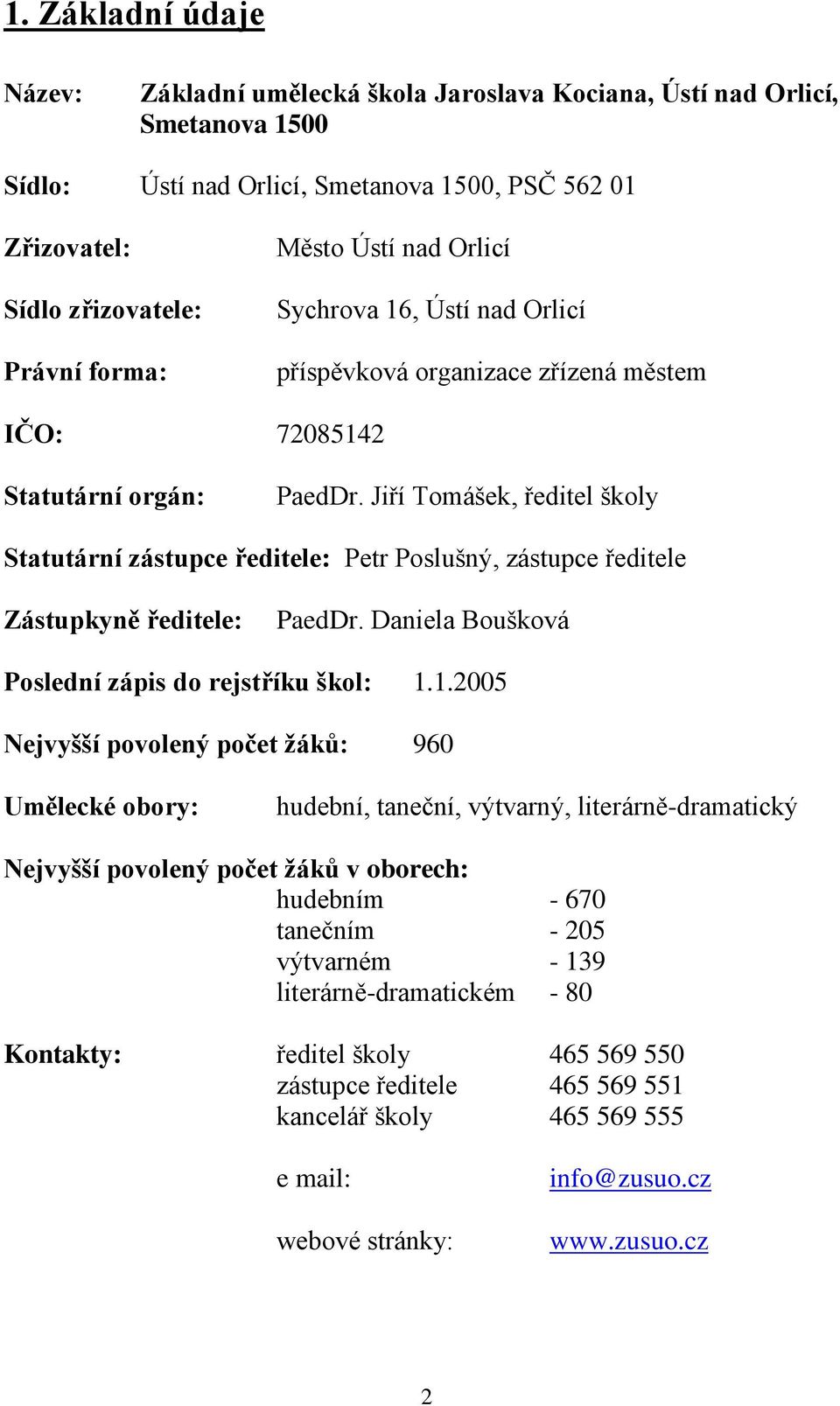 Jiří Tomášek, ředitel školy Statutární zástupce ředitele: Petr Poslušný, zástupce ředitele Zástupkyně ředitele: PaedDr. Daniela Boušková Poslední zápis do rejstříku škol: 1.