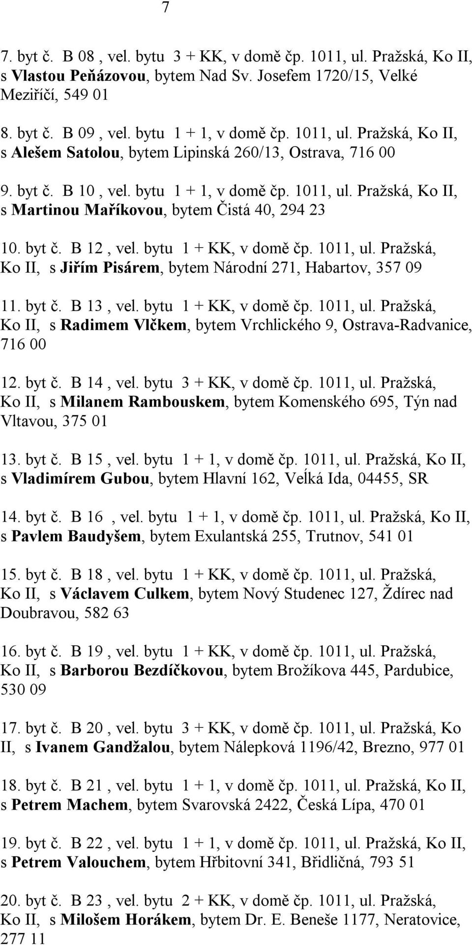 Pražská, Ko II, s Martinou Maříkovou, bytem Čistá 40, 294 23 10. byt č. B 12, vel. bytu 1 + KK, v domě čp. 1011, ul. Pražská, Ko II, s Jiřím Pisárem, bytem Národní 271, Habartov, 357 09 11. byt č. B 13, vel.