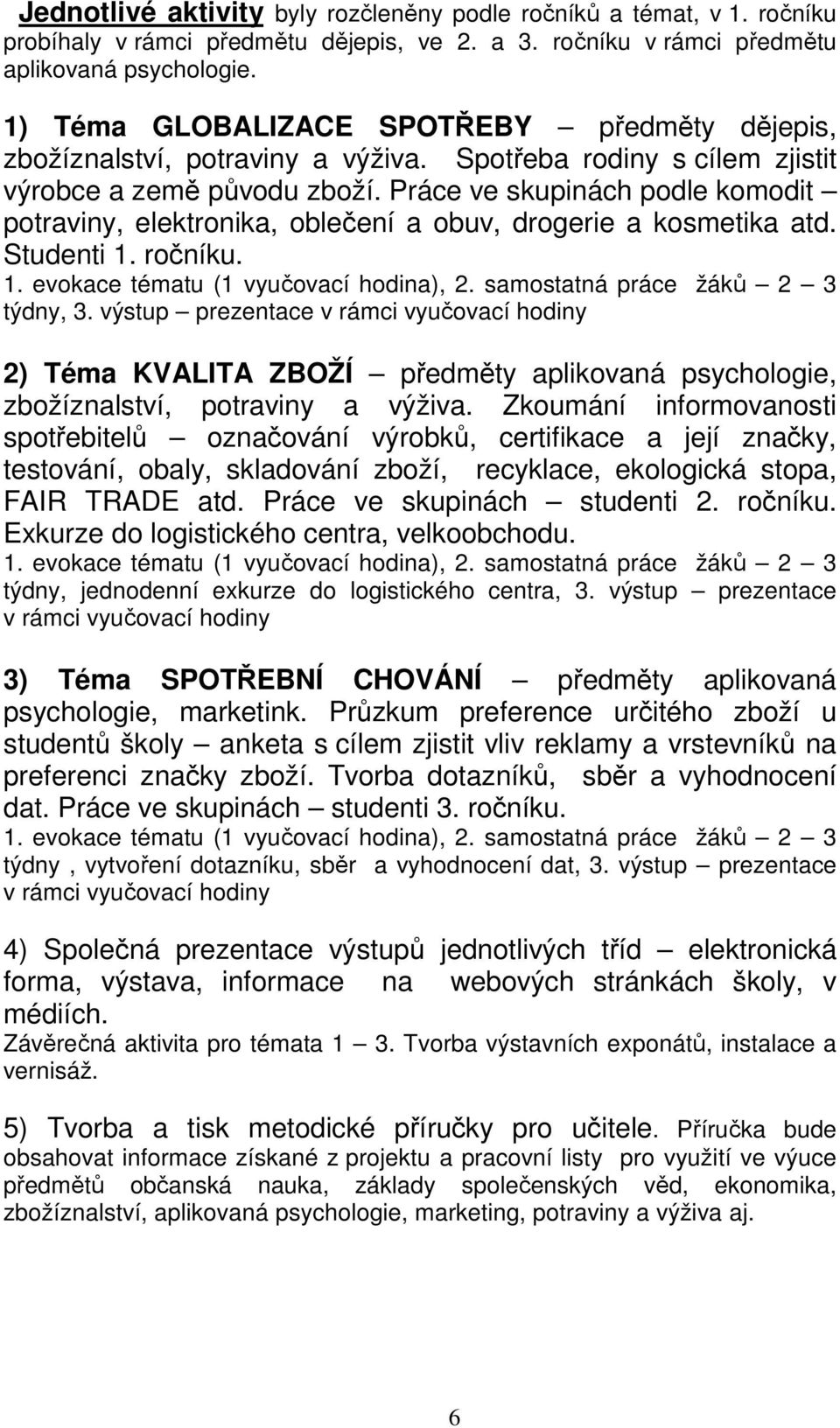 Práce ve skupinách podle komodit potraviny, elektronika, oblečení a obuv, drogerie a kosmetika atd. Studenti 1. ročníku. 1. evokace tématu (1 vyučovací hodina), 2. samostatná práce žáků 2 3 týdny, 3.