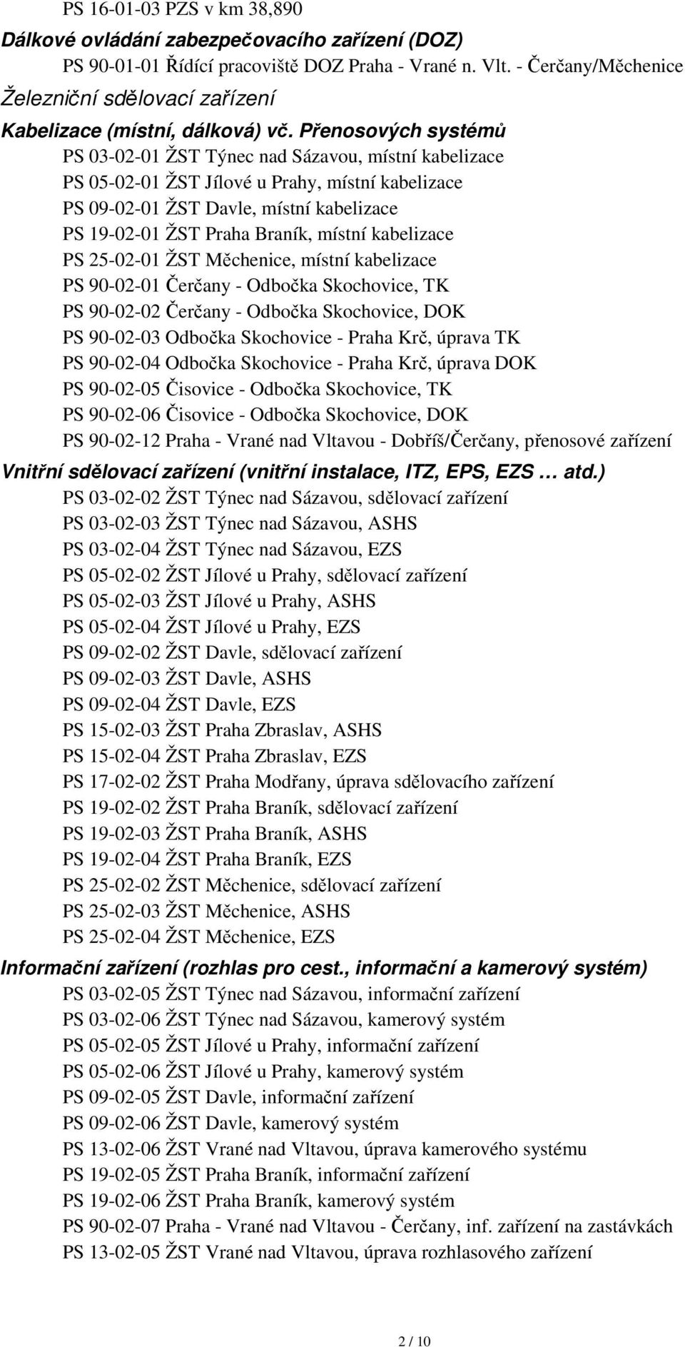 Přenosových systémů PS 03-02-01 ŽST Týnec nad Sázavou, místní kabelizace PS 05-02-01 ŽST Jílové u Prahy, místní kabelizace PS 09-02-01 ŽST Davle, místní kabelizace PS 19-02-01 ŽST Praha Braník,