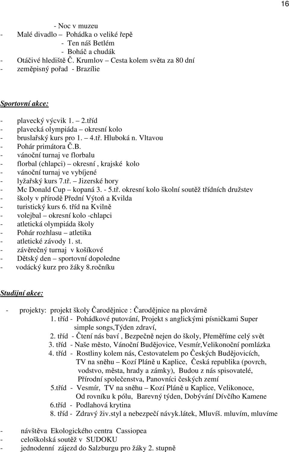 Vltavou - Pohár primátora Č.B. - vánoční turnaj ve florbalu - florbal (chlapci) okresní, krajské kolo - vánoční turnaj ve vybíjené - lyžařský kurs 7.tř.