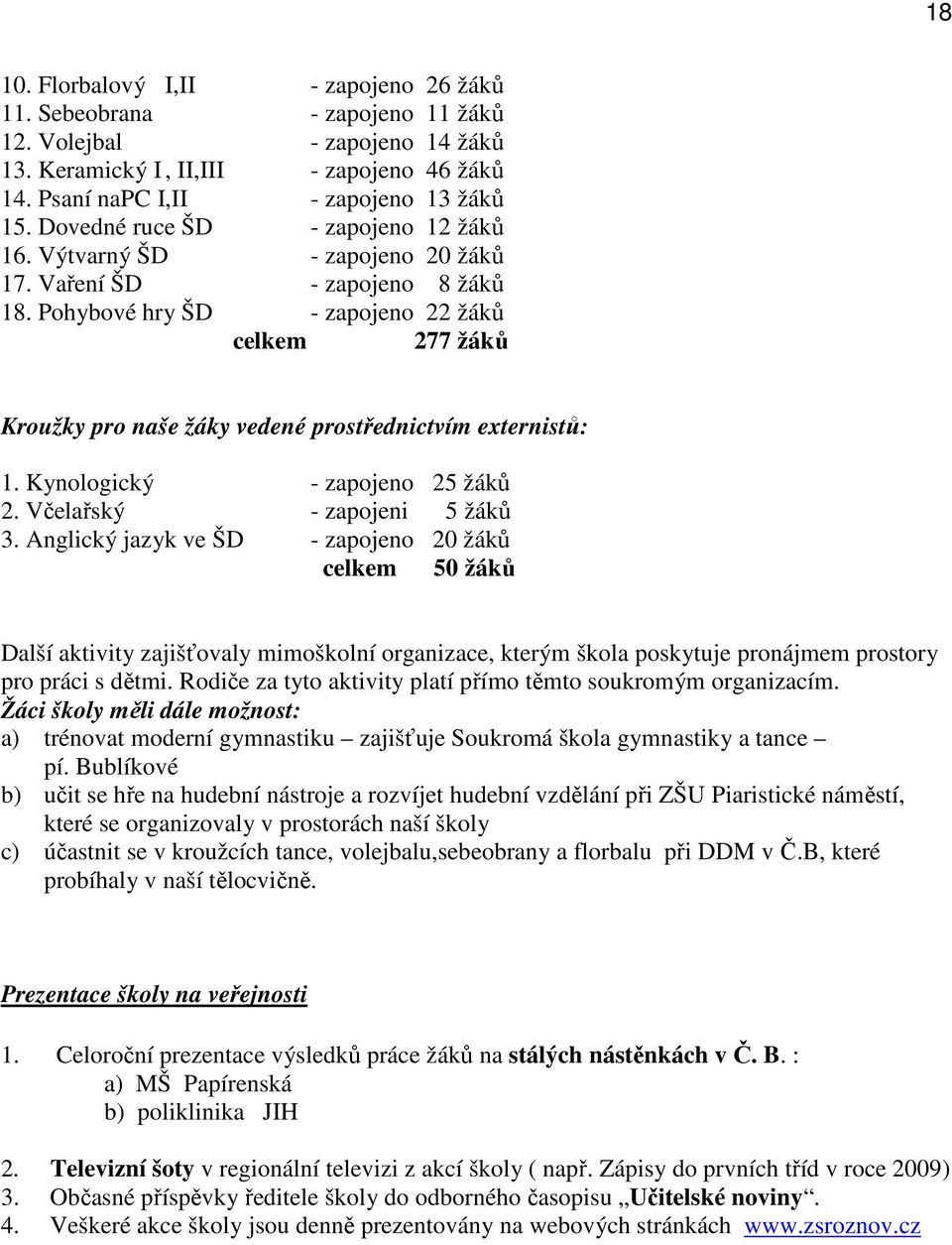 Pohybové hry ŠD - zapojeno 22 žáků celkem 277 žáků Kroužky pro naše žáky vedené prostřednictvím externistů: 1. Kynologický - zapojeno 25 žáků 2. Včelařský - zapojeni 5 žáků 3.