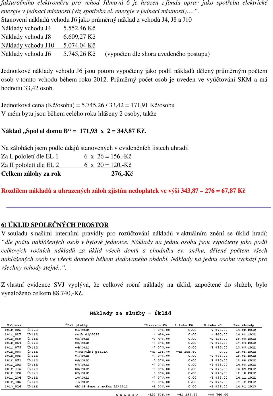 745,26 Kč (vypočten dle shora uvedeného postupu) Jednotkové náklady vchodu J6 jsou potom vypočteny jako podíl nákladů dělený průměrným počtem osob v tomto vchodu během roku 2012.