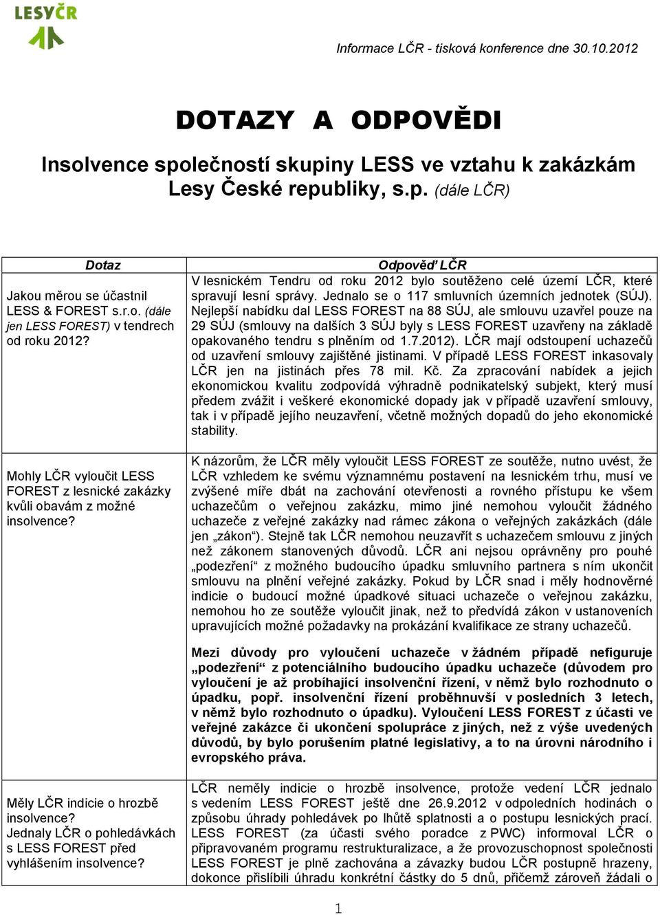 Odpověď LČR V lesnickém Tendru od roku 2012 bylo soutěženo celé území LČR, které spravují lesní správy. Jednalo se o 117 smluvních územních jednotek (SÚJ).