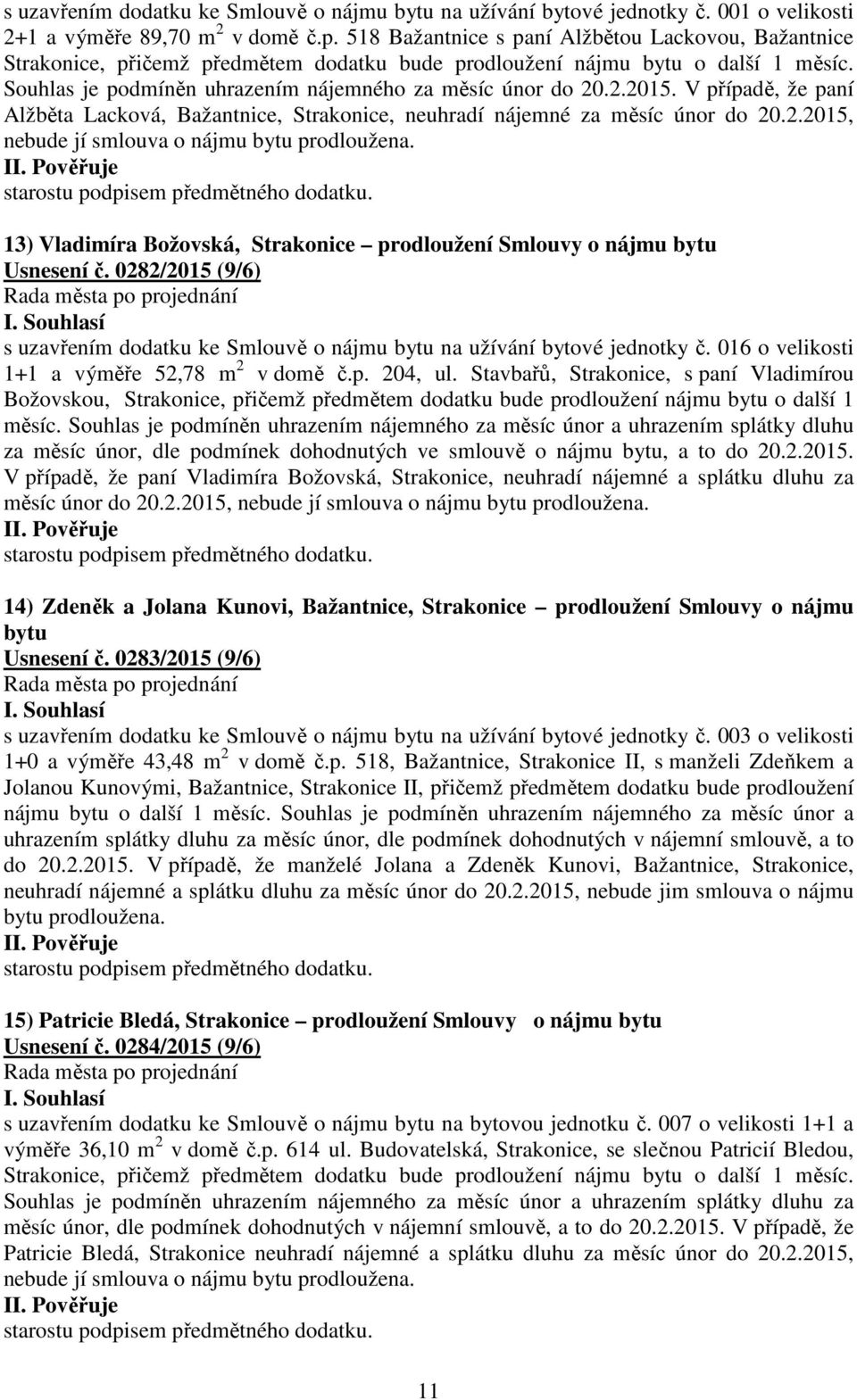 V případě, že paní Alžběta Lacková, Bažantnice, Strakonice, neuhradí nájemné za měsíc únor do 20.2.2015, nebude jí smlouva o nájmu bytu prodloužena.