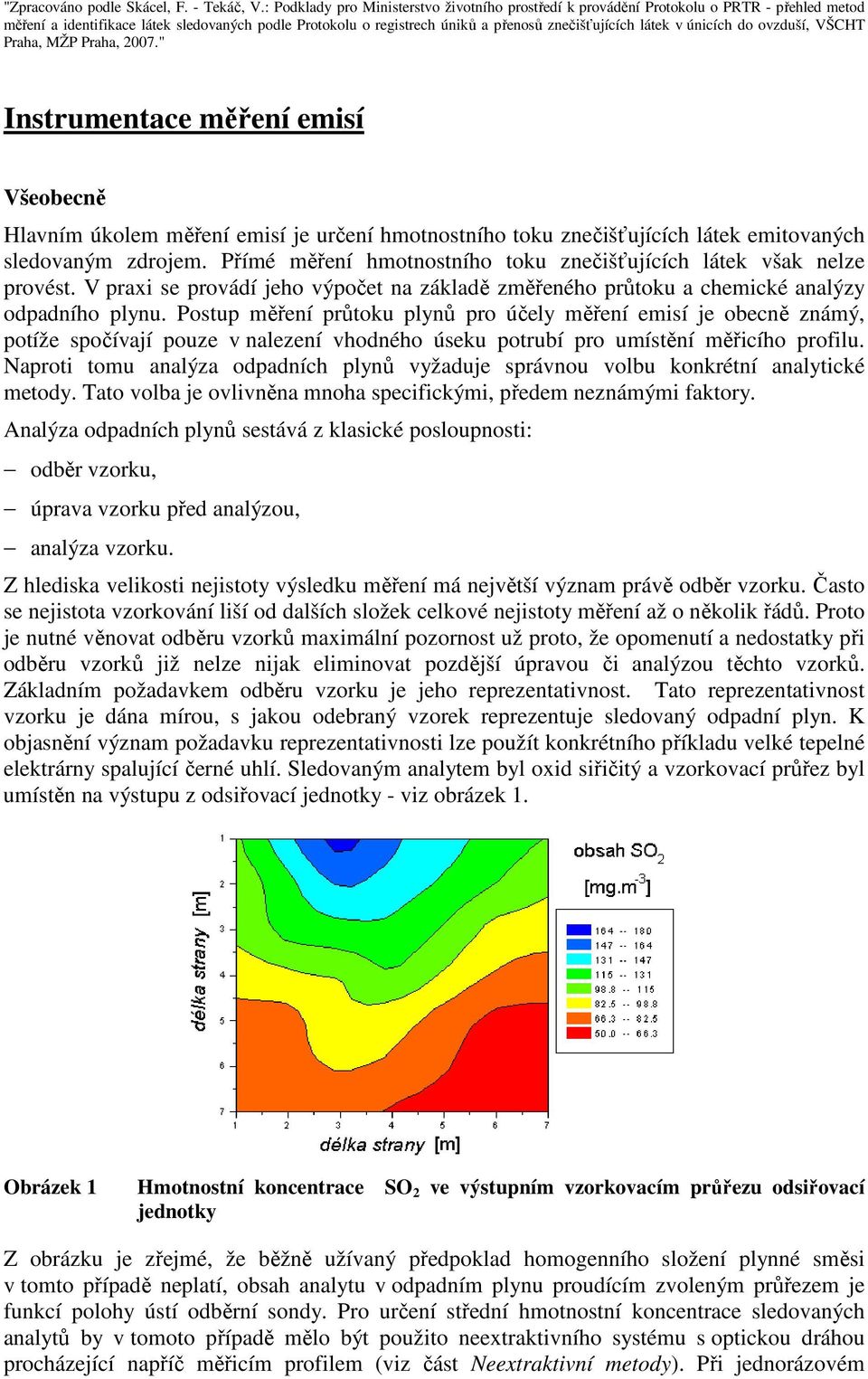 v únicích do ovzduší, VŠCHT Praha, MŽP Praha, 2007." Instrumentace měření emisí Všeobecně Hlavním úkolem měření emisí je určení hmotnostního toku znečišťujících látek emitovaných sledovaným zdrojem.