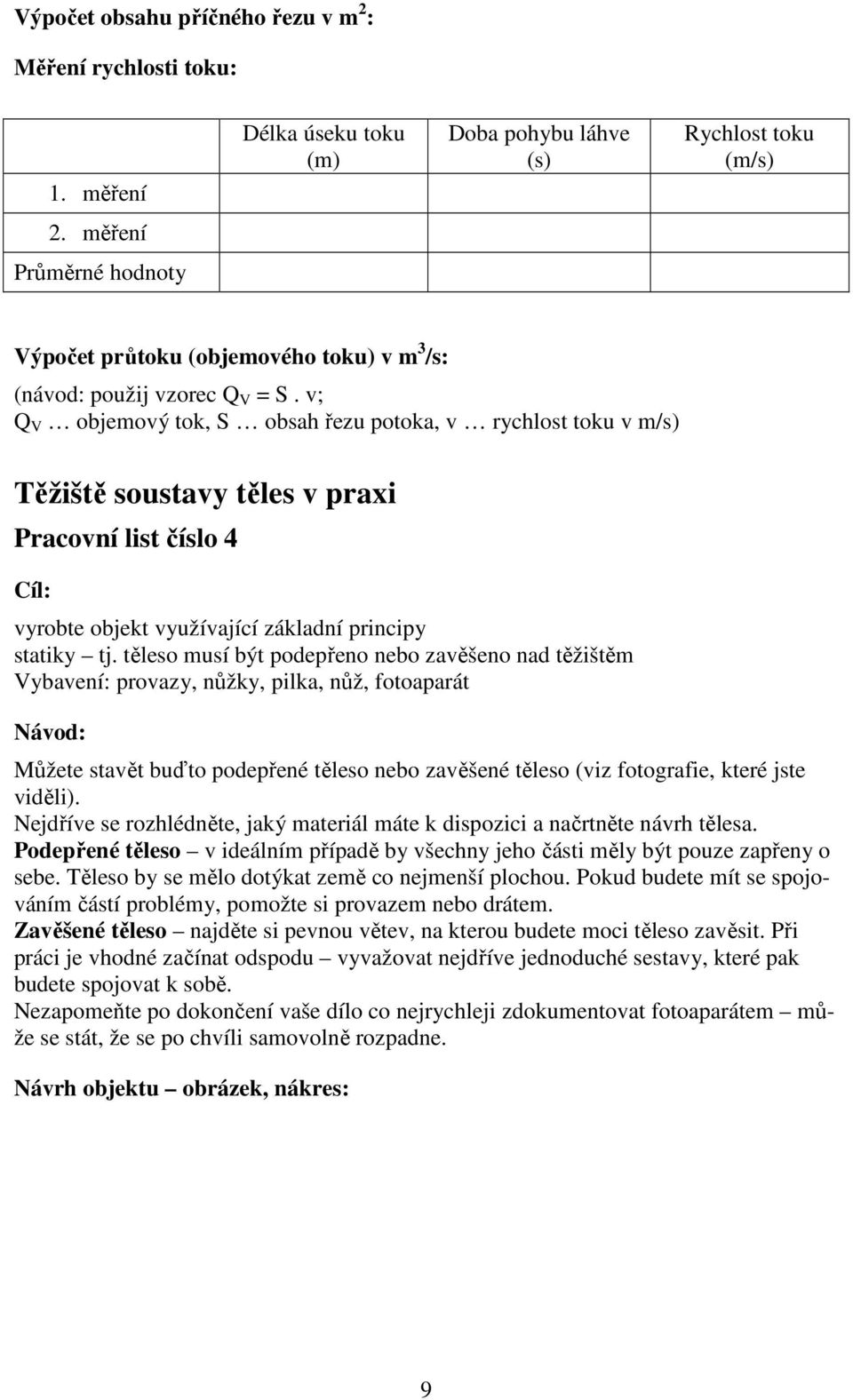 v; Q V objemový tok, S obsah řezu potoka, v rychlost toku v m/s) Těžiště soustavy těles v praxi Pracovní list číslo 4 Cíl: vyrobte objekt využívající základní principy statiky tj.