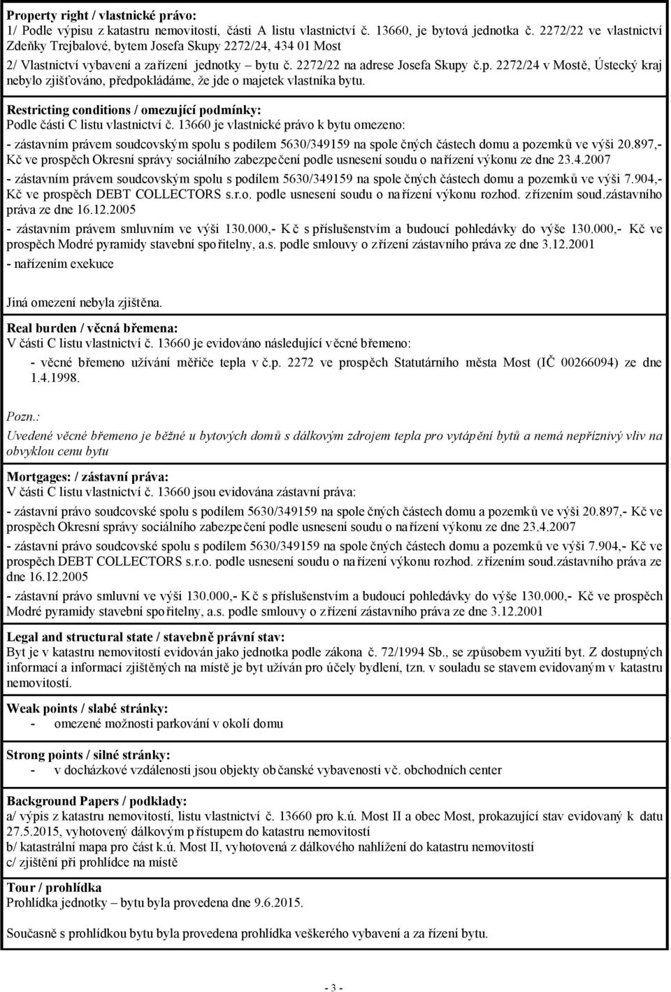 Restricting conditions / omezující podmínky: Podle části C listu vlastnictví č.