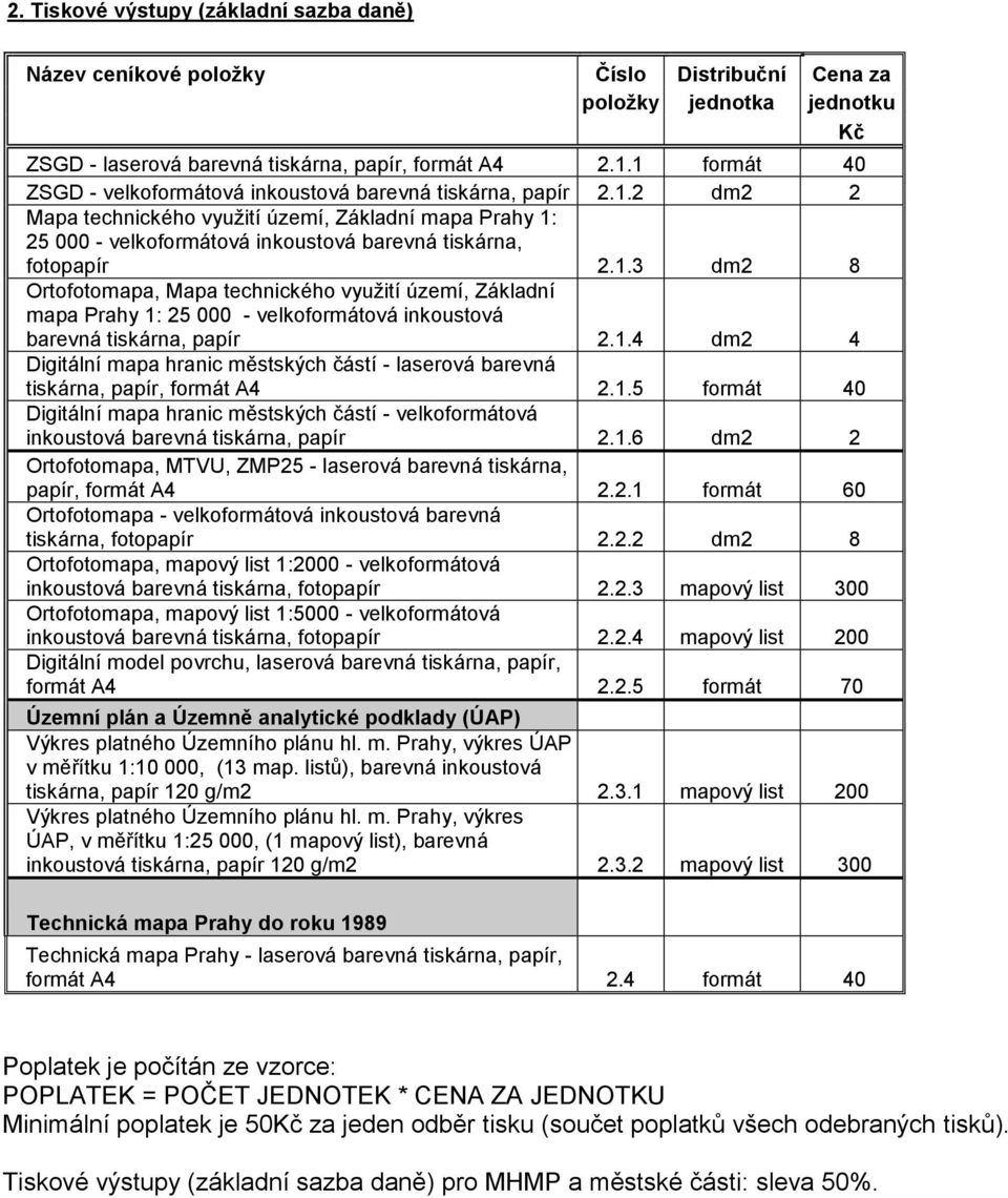 1.3 dm2 8 Ortofotomapa, Mapa technického využití území, Základní mapa Prahy 1: 25 000 - velkoformátová inkoustová barevná tiskárna, papír 2.1.4 dm2 4 Digitální mapa hranic městských částí - laserová barevná tiskárna, papír, formát A4 2.