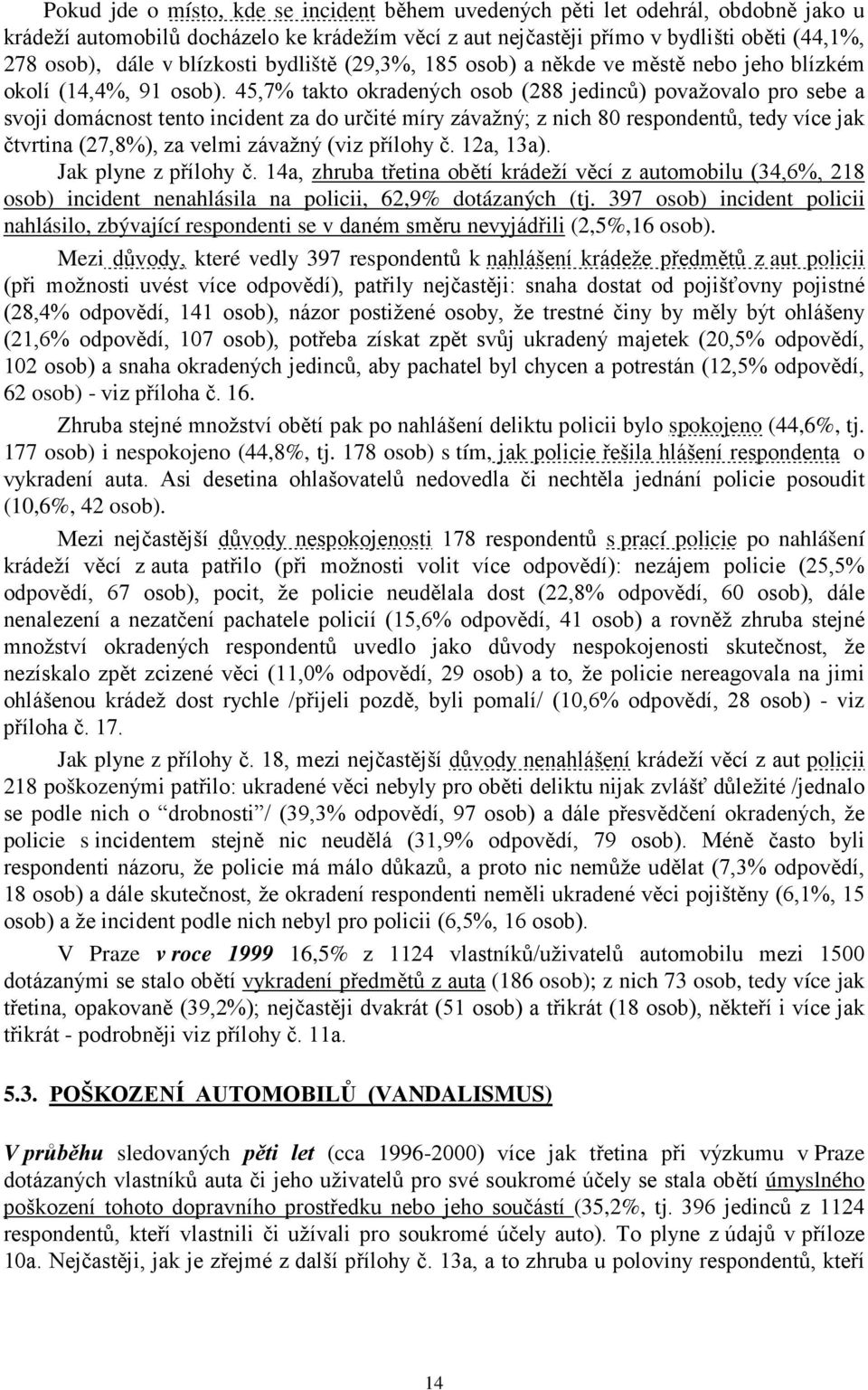 45,7% takto okradených osob (288 jedinců) považovalo pro sebe a svoji domácnost tento incident za do určité míry závažný; z nich 80 respondentů, tedy více jak čtvrtina (27,8%), za velmi závažný (viz