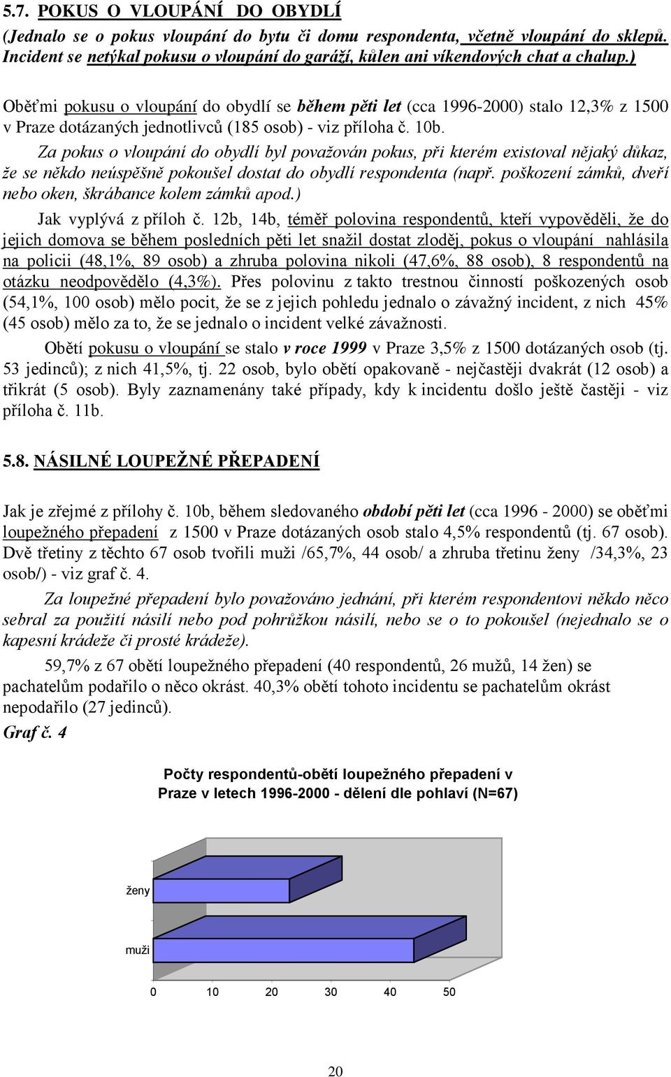 ) Oběťmi pokusu o vloupání do obydlí se během pěti let (cca 1996-2000) stalo 12,3% z 1500 v Praze dotázaných jednotlivců (185 osob) - viz příloha č. 10b.