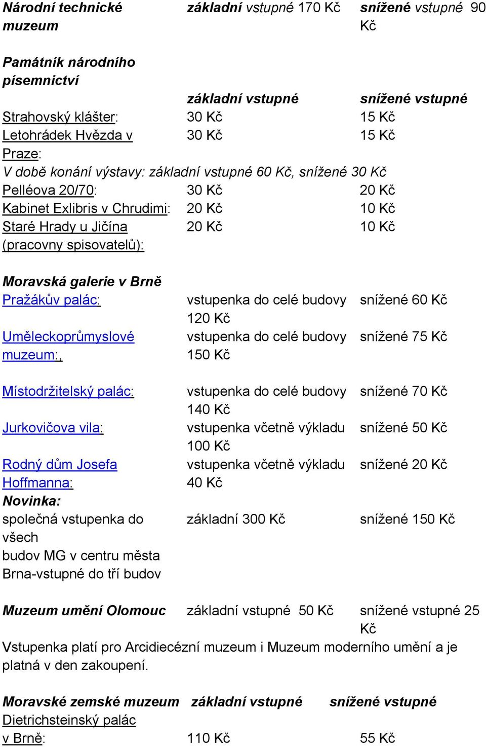 Uměleckoprůmyslové muzeum:, Místodržitelský palác: Jurkovičova vila: Rodný dům Josefa Hoffmanna: Novinka: společná vstupenka do všech budov MG v centru města Brna-vstupné do tří budov vstupenka do