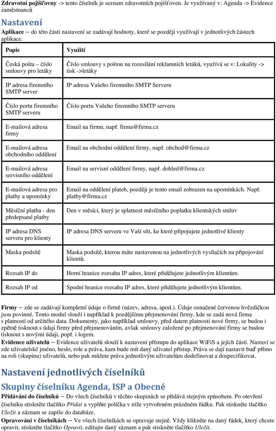 Popis Využití Česká pošta číslo smlouvy pro letáky IP adresa firemního SMTP server Číslo portu firemního SMTP serveru E-mailová adresa firmy E-mailová adresa obchodního oddělení E-mailová adresa