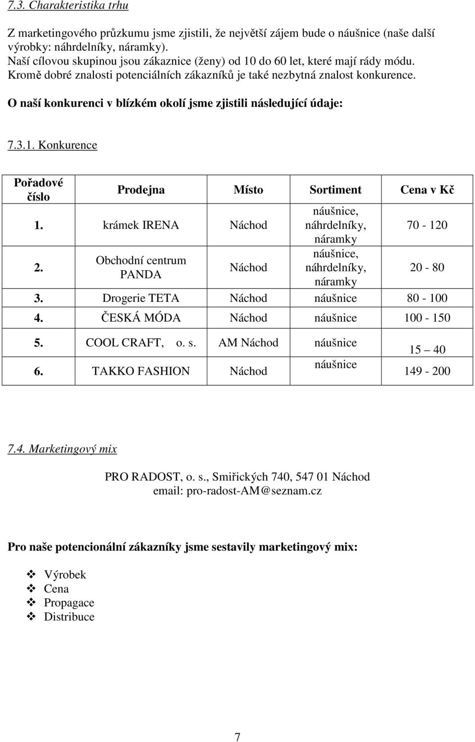 O naší konkurenci v blízkém okolí jsme zjistili následující údaje: 7.3.1. Konkurence Pořadové číslo Prodejna Místo Sortiment Cena v Kč 1. krámek IRENA Náchod 2.