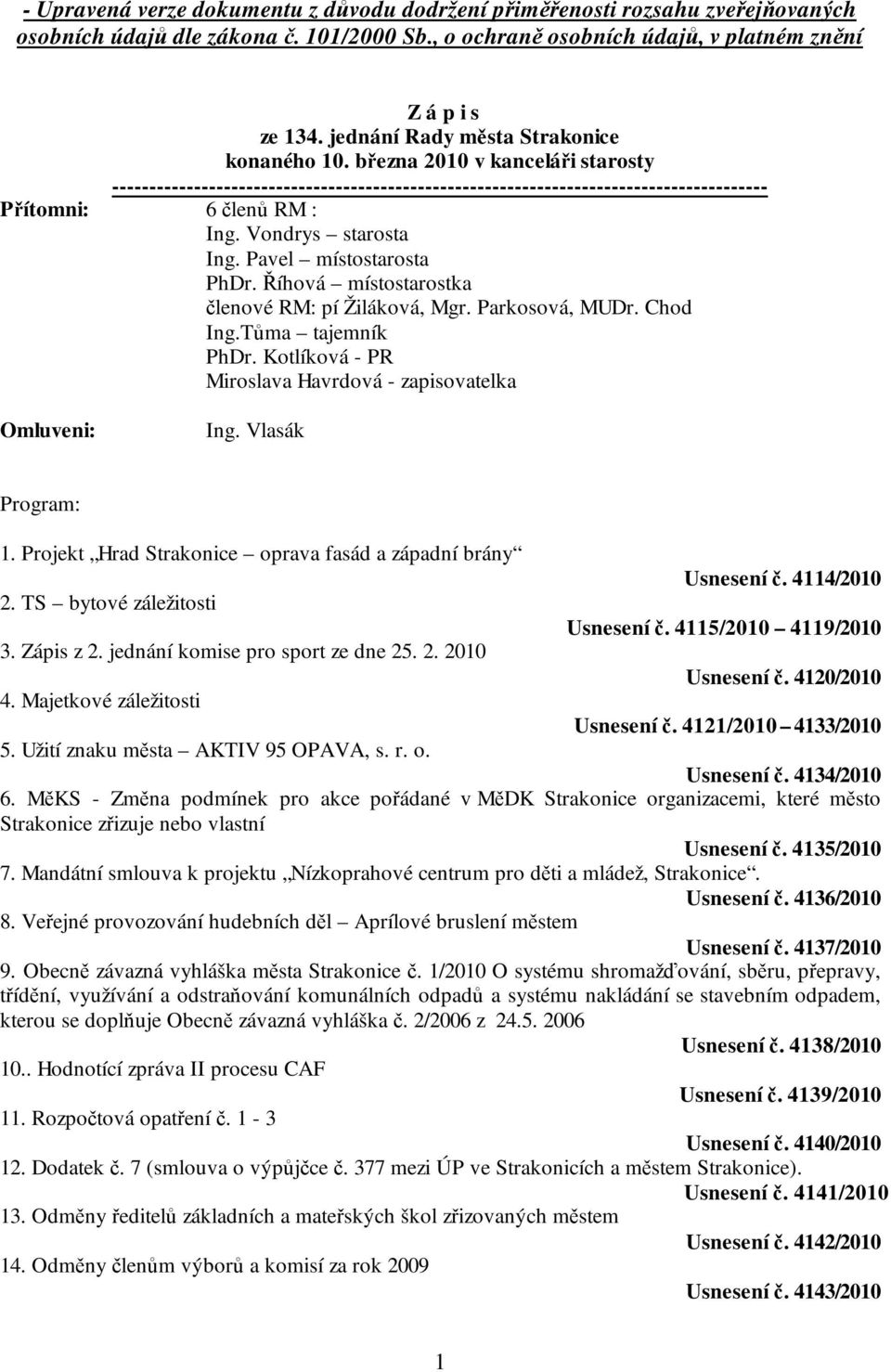 Vondrys starosta Ing. Pavel místostarosta PhDr. Říhová místostarostka členové RM: pí Žiláková, Mgr. Parkosová, MUDr. Chod Ing.Tůma tajemník PhDr.