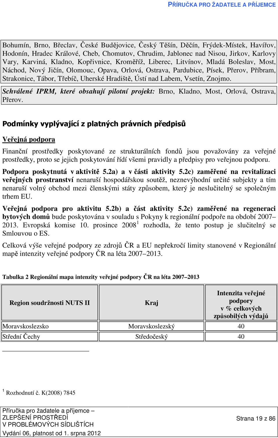 Ústí nad Labem, Vsetín, Znojmo. Schválené IPRM, které obsahují pilotní projekt: Brno, Kladno, Most, Orlová, Ostrava, Přerov.