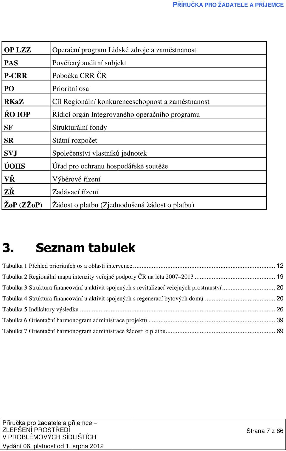 Žádost o platbu (Zjednodušená žádost o platbu) 3. Seznam tabulek Tabulka 1 Přehled prioritních os a oblastí intervence... 12 Tabulka 2 Regionální mapa intenzity veřejné podpory ČR na léta 2007 2013.