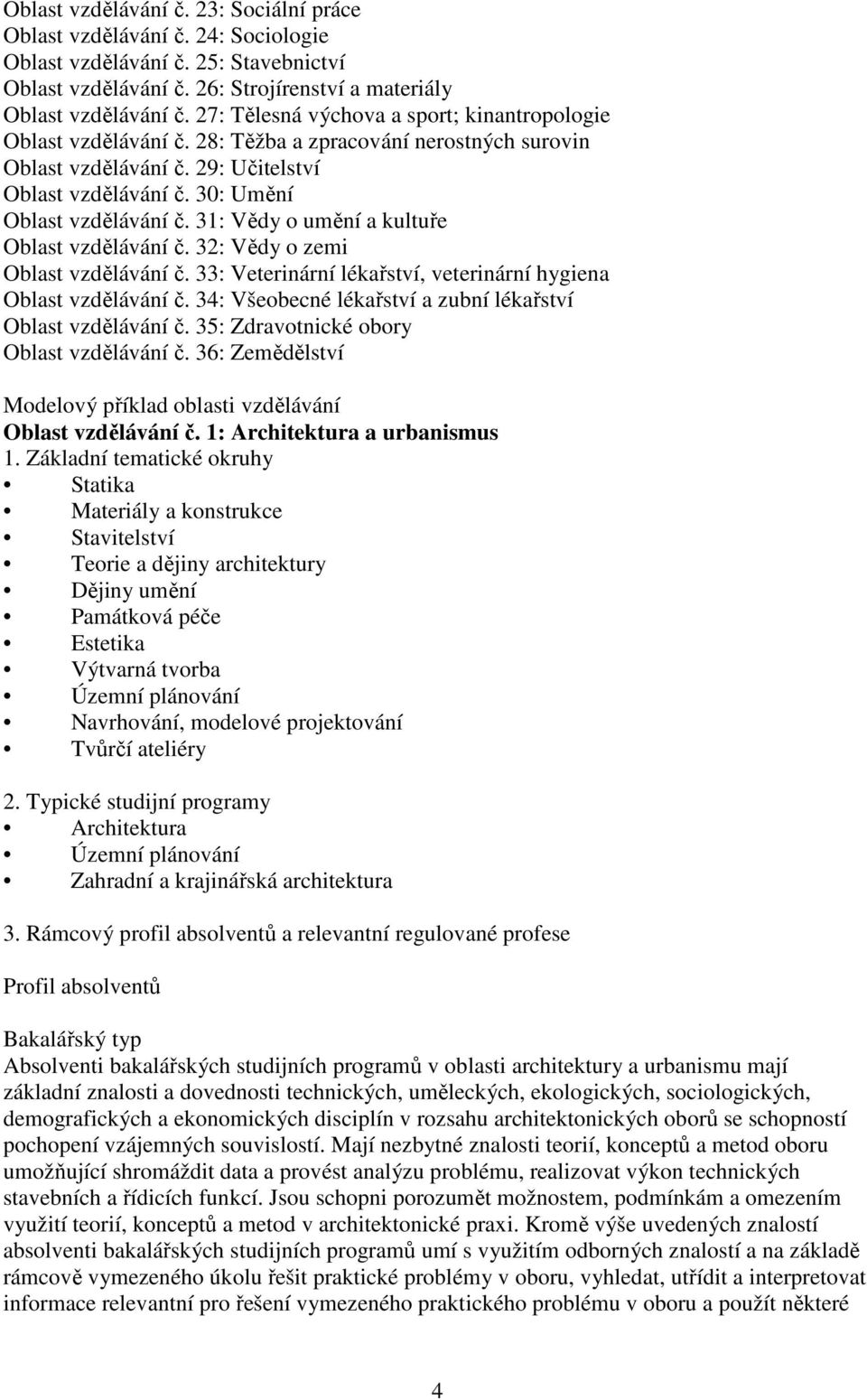31: Vědy o umění a kultuře Oblast vzdělávání č. 32: Vědy o zemi Oblast vzdělávání č. 33: Veterinární lékařství, veterinární hygiena Oblast vzdělávání č.