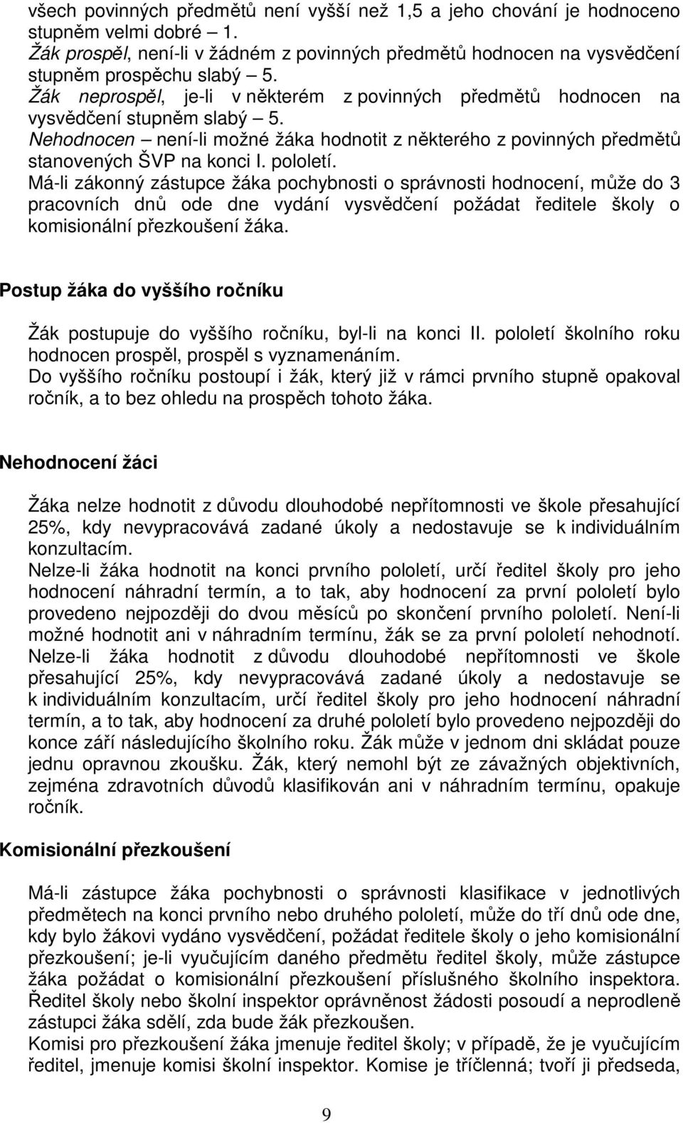 pololetí. Má-li zákonný zástupce žáka pochybnosti o správnosti hodnocení, může do 3 pracovních dnů ode dne vydání vysvědčení požádat ředitele školy o komisionální přezkoušení žáka.