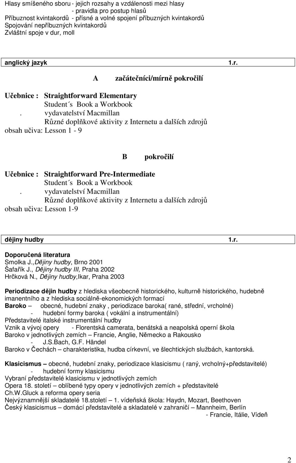 vydavatelství Macmillan Různé doplňkové aktivity z Internetu a dalších zdrojů obsah učiva: Lesson 1-9 B pokročilí Učebnice : Straightforward Pre-Intermediate Student s Book a Workbook.