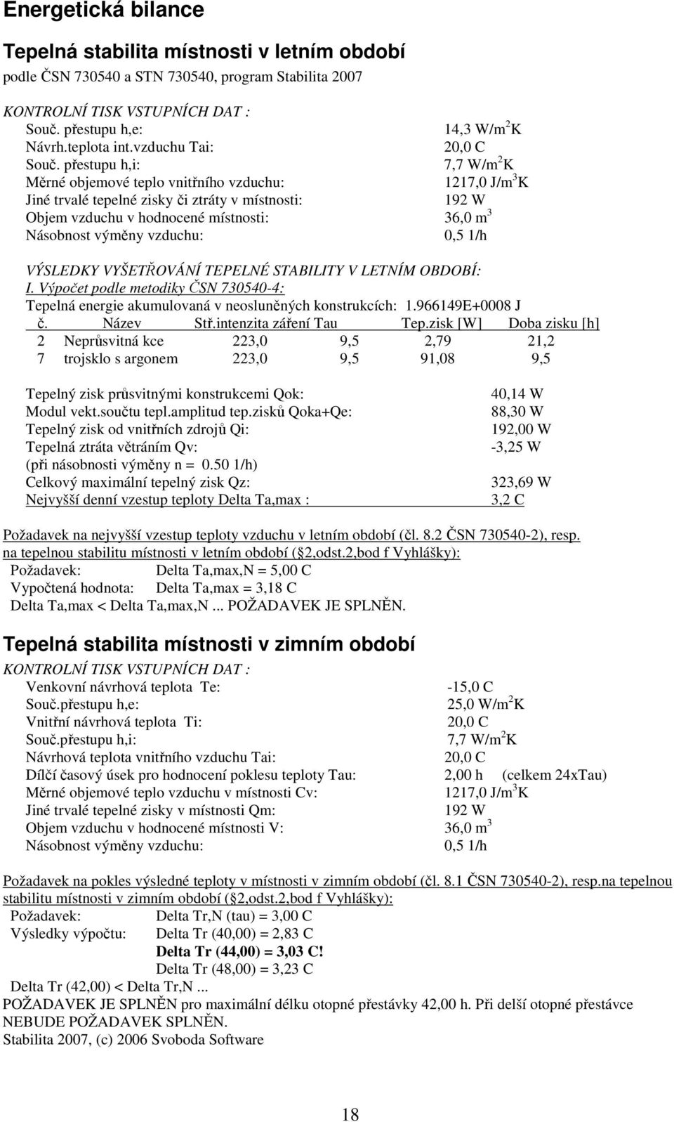 přestupu h,i: 7,7 W/m 2 K Měrné objemové teplo vnitřního vzduchu: 1217,0 J/m 3 K Jiné trvalé tepelné zisky či ztráty v místnosti: 192 W Objem vzduchu v hodnocené místnosti: 36,0 m 3 Násobnost výměny