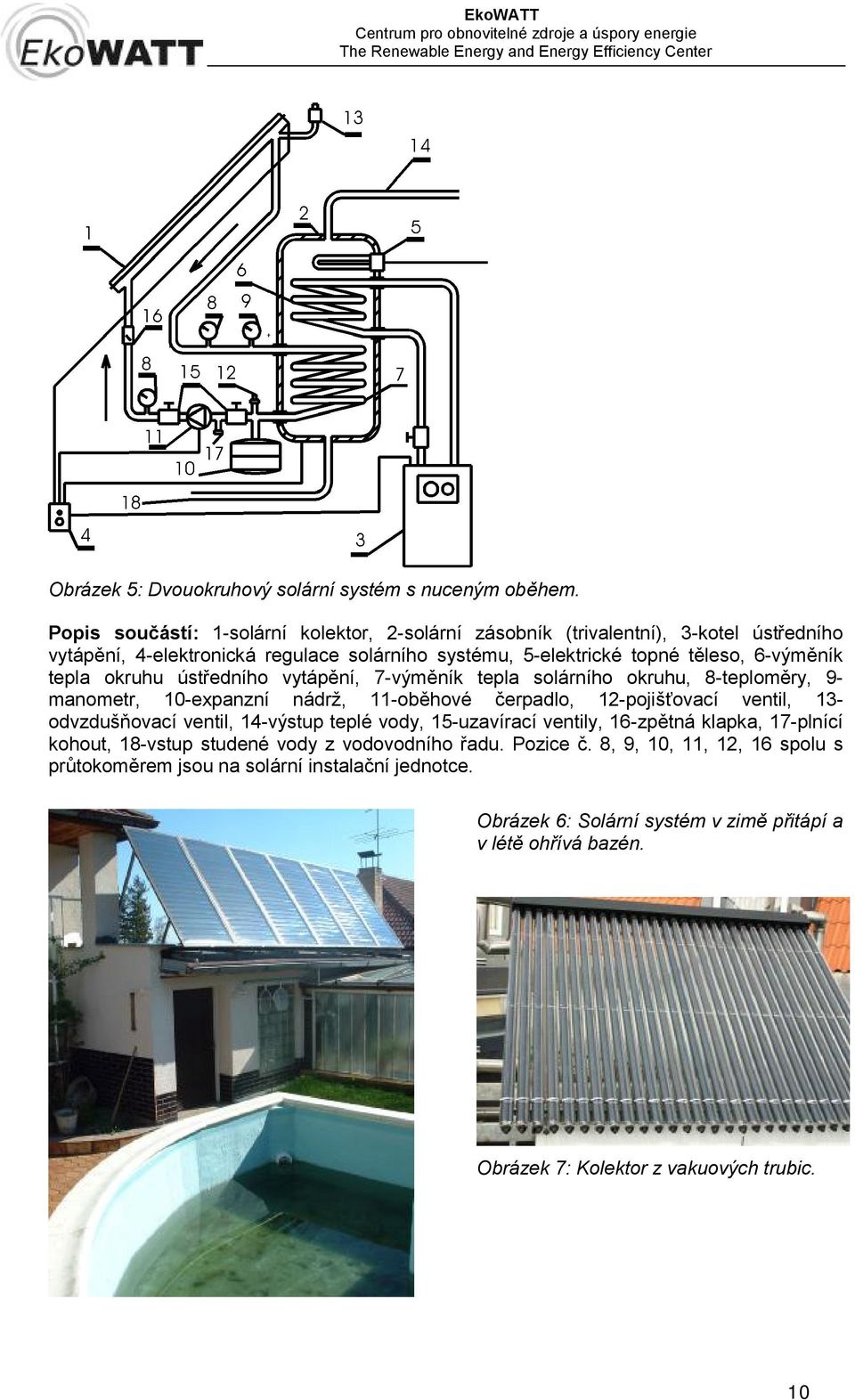 tepla okruhu ústředního vytápění, 7-výměník tepla solárního okruhu, 8-teploměry, 9- manometr, 10-expanzní nádrž, 11-oběhové čerpadlo, 12-pojišťovací ventil, 13- odvzdušňovací ventil,