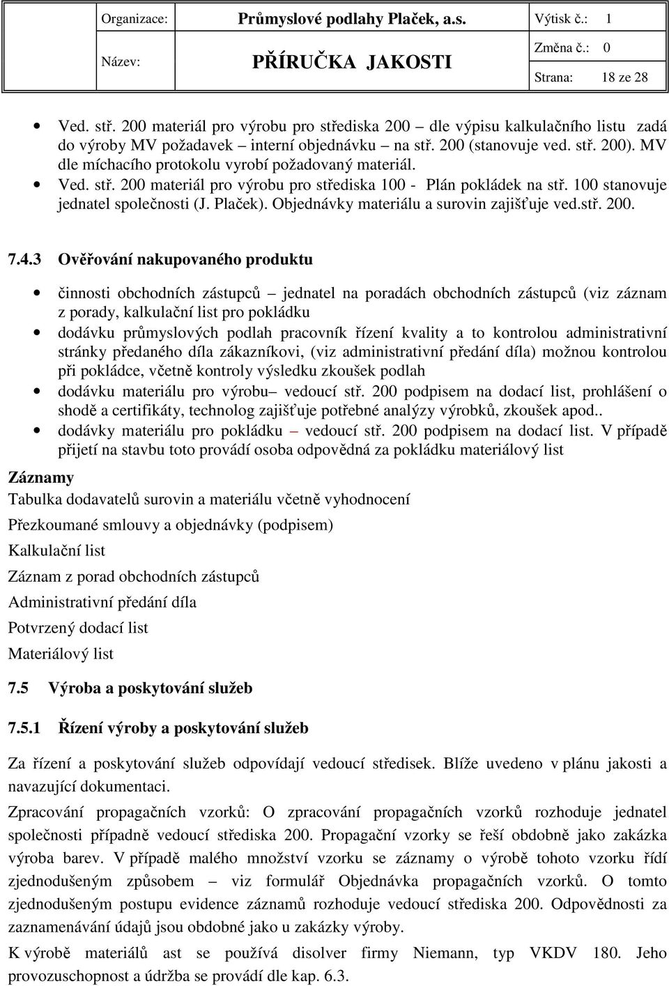 Objednávky materiálu a surovin zajišťuje ved.stř. 200. 7.4.