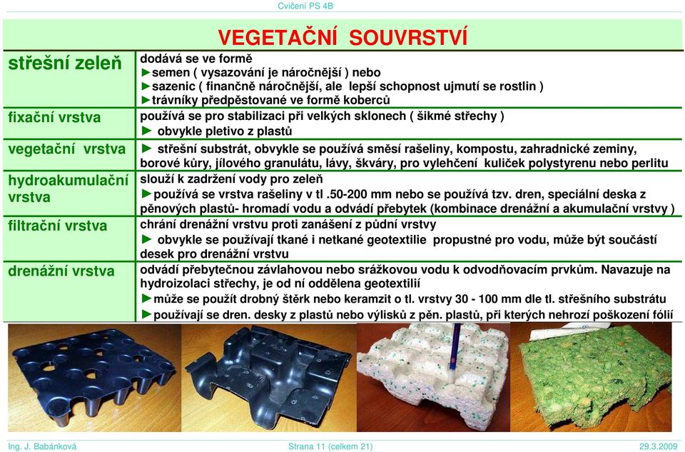 rašeliny, kompostu, zahradnické zeminy, hydroakumulační vrstva filtrační vrstva drenážní vrstva borové kůry, jílového granulátu, lávy, škváry, pro vylehčení kuliček polystyrenu nebo perlitu slouží k