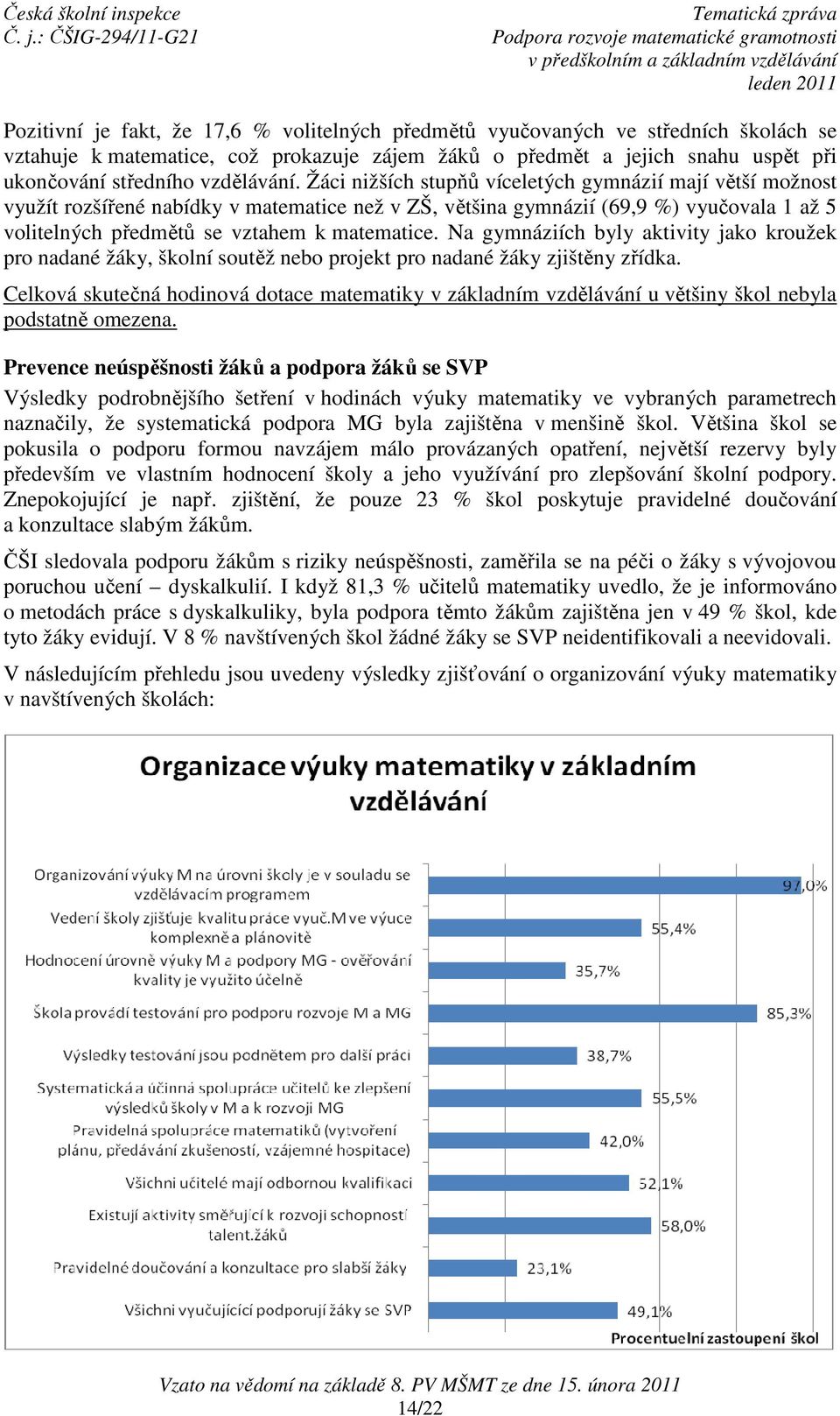 Žáci nižších stupňů víceletých gymnázií mají větší možnost využít rozšířené nabídky v matematice než v ZŠ, většina gymnázií (69,9 %) vyučovala 1 až 5 volitelných předmětů se vztahem k matematice.