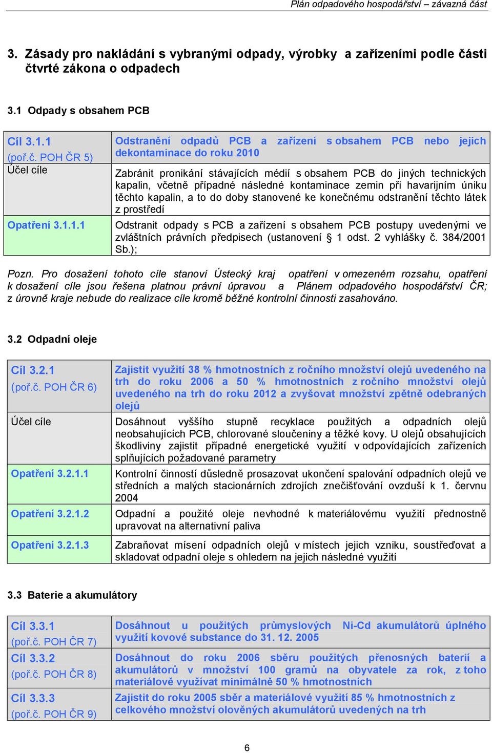 1 (poř.č. POH ČR 5) Účel cíle Opatření 3.1.1.1 Odstranění odpadů PCB a zařízení s obsahem PCB nebo jejich dekontaminace do roku 2010 Zabránit pronikání stávajících médií s obsahem PCB do jiných